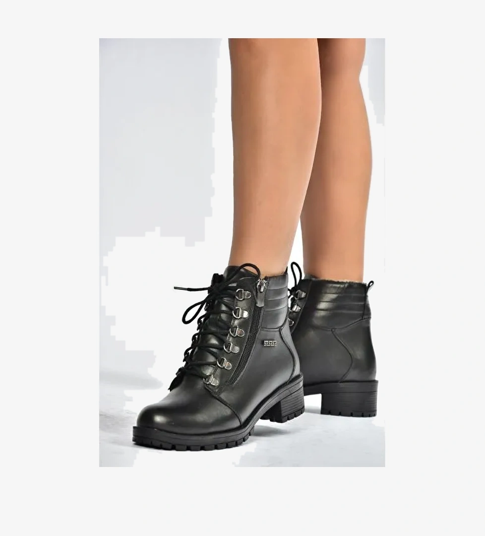 V555085503 Siyah Hakiki Deri Comfort Ortopedik Taban Kadın Bot - Görsel 1