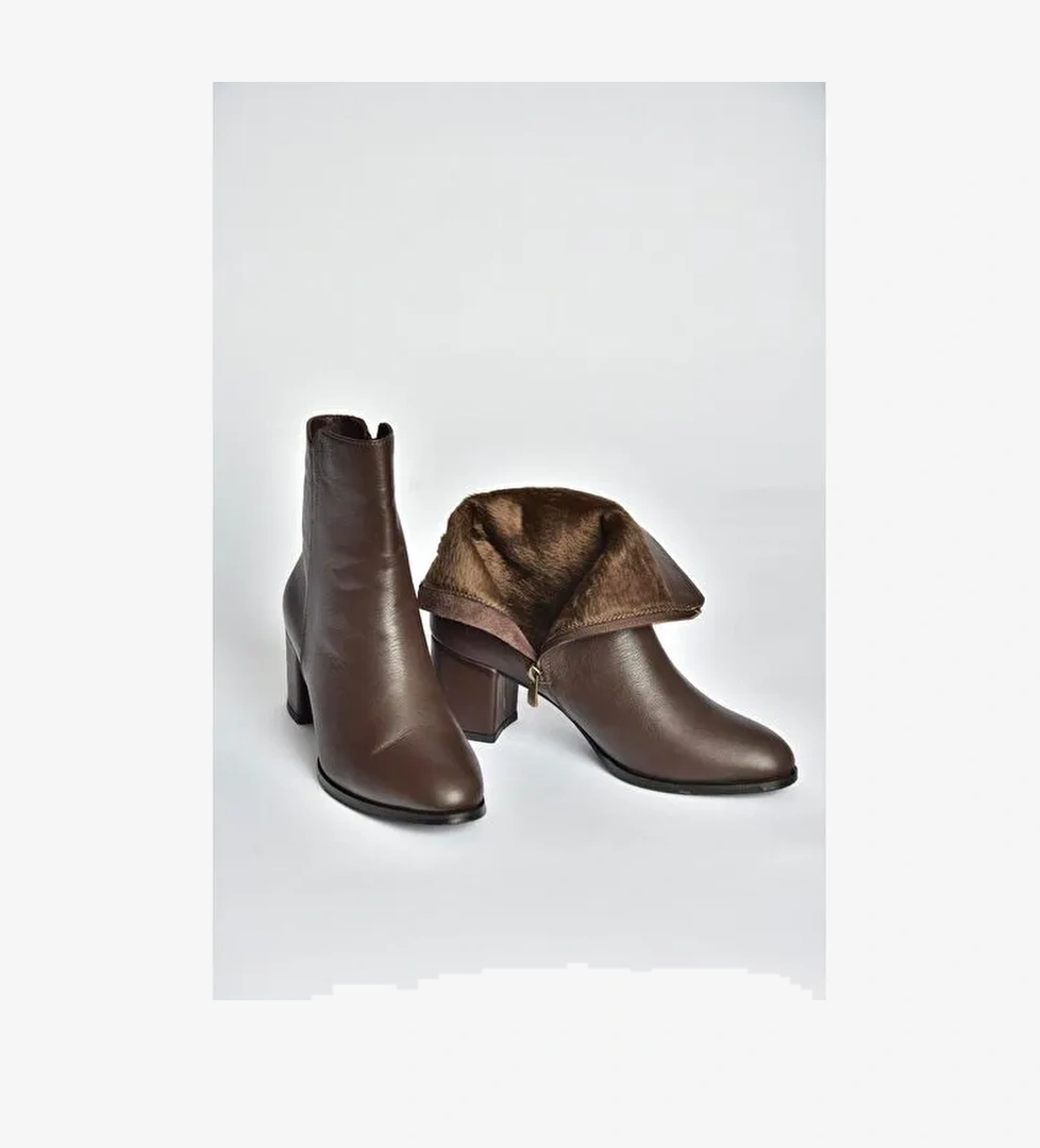 V468581003 Kahverengi Hakiki Deri Kalın Topuklu Kadın Bot - Görsel 1