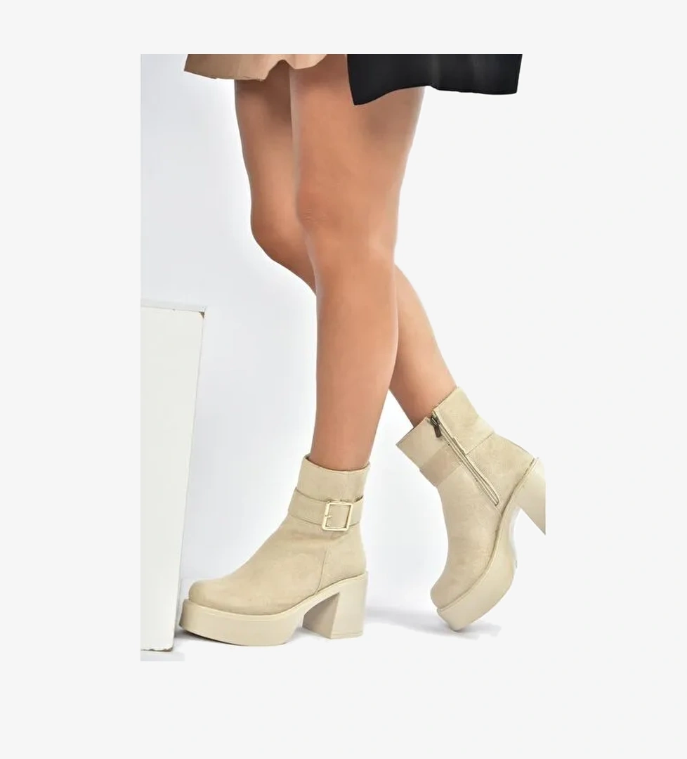 V726446602 Bej Süet Kalın Topuklu Kadın Bot - Görsel 1