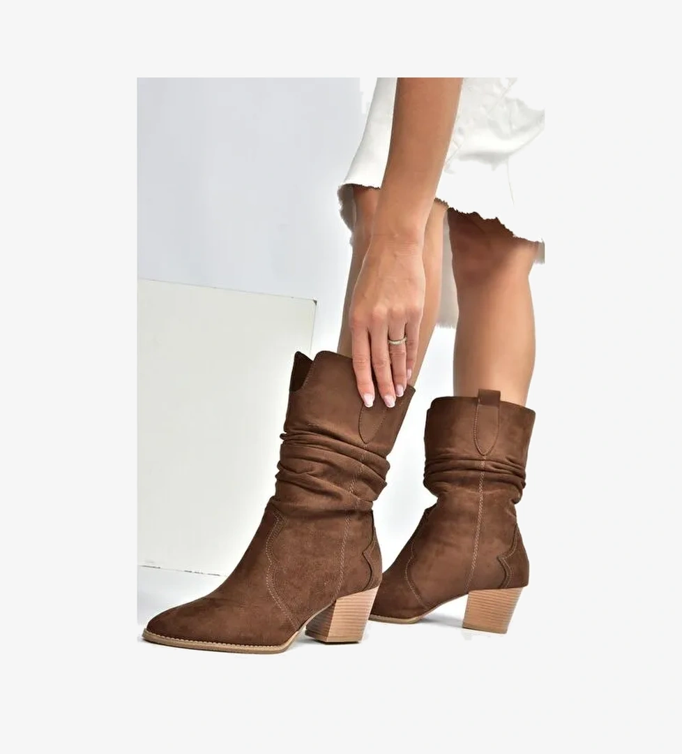 J404040002 Kahverengi Süet Kalın Topuklu Kadın Bot - Görsel 1