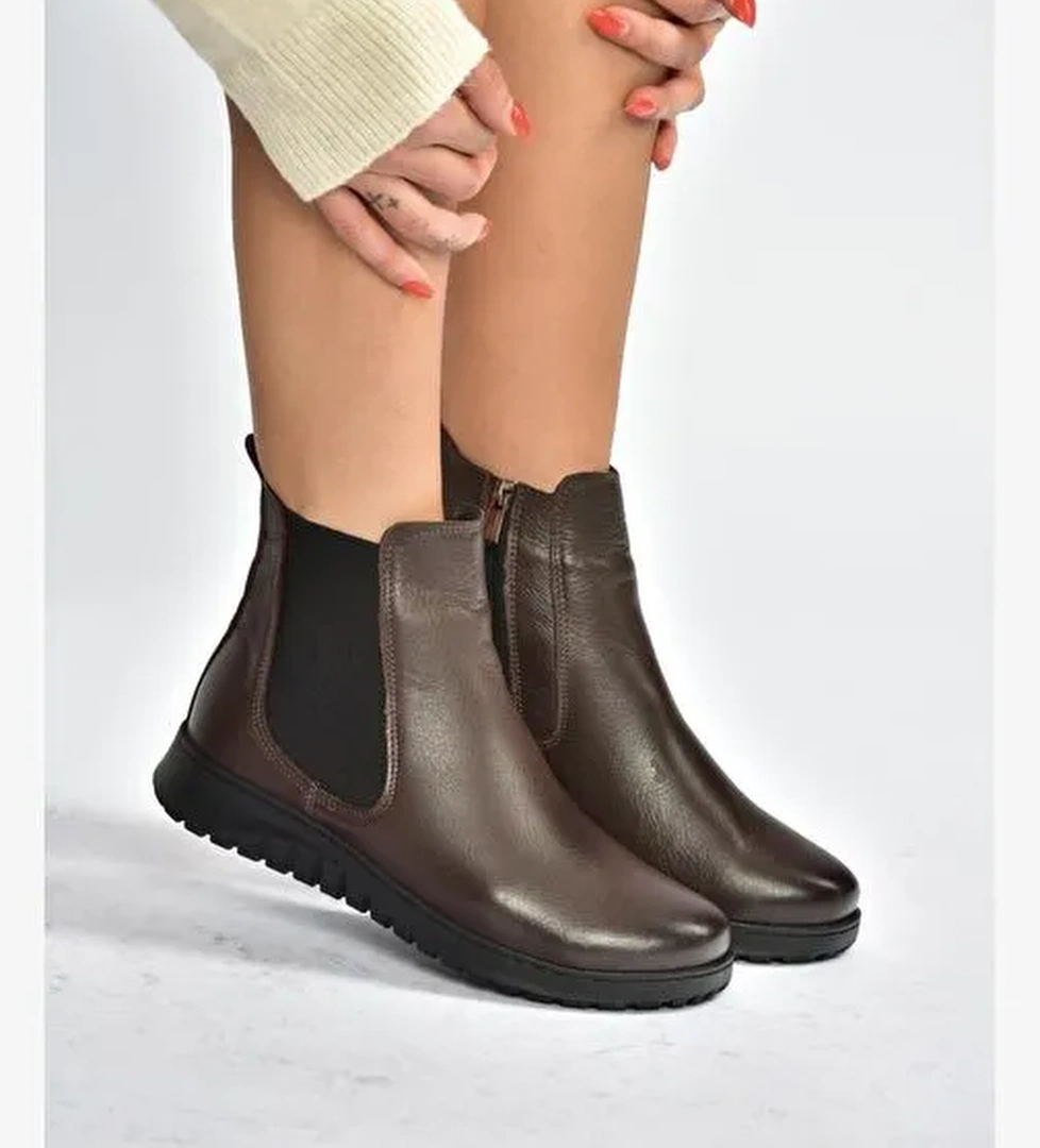 V324501103 Kahverengi Hakiki Deri Kadın Bot - Görsel 1