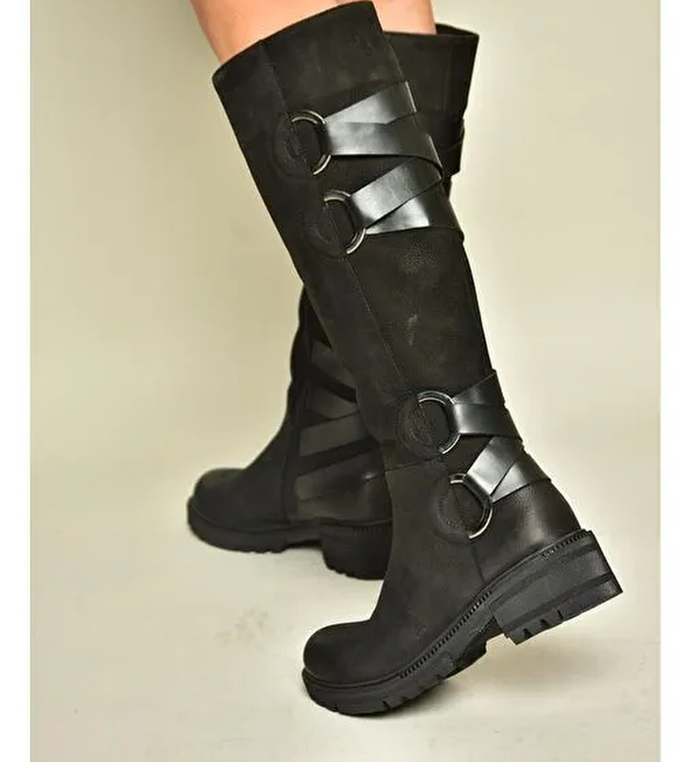 T654047201 Siyah Hakiki Deri Nubuk Kadın Çizme - Görsel 1