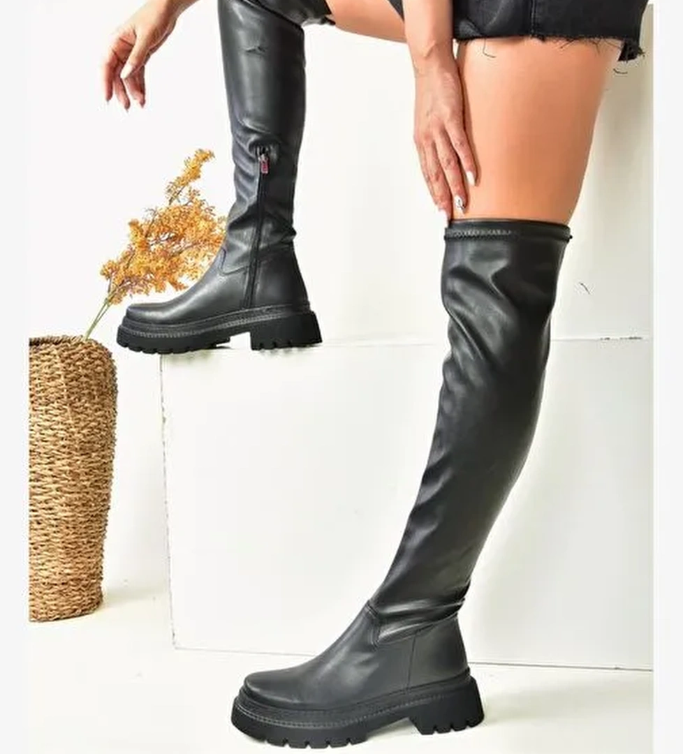 Siyah Kalın Tabanlı Dizüstü Kadın Çizme N404002009 - Görsel 1