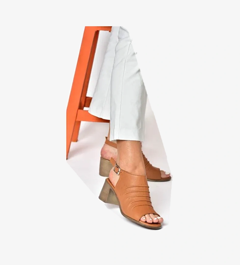 P555450803 Taba Hakiki Deri Kalın Topuklu Günlük Kadın Ayakkabı - Görsel 1