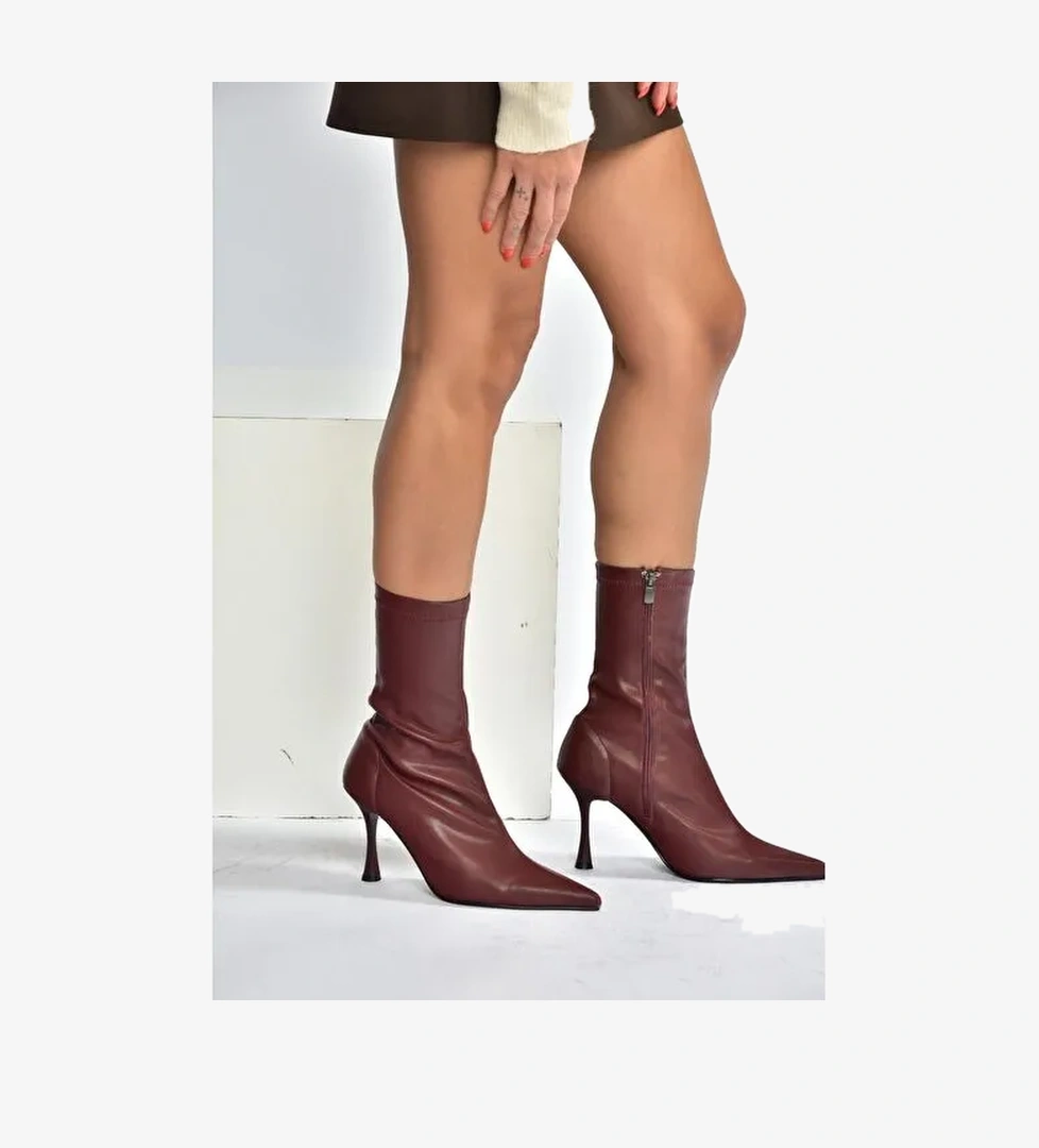 T752582409 Bordo Streç Deri İnce Topuklu Kadın Bot - Görsel 1