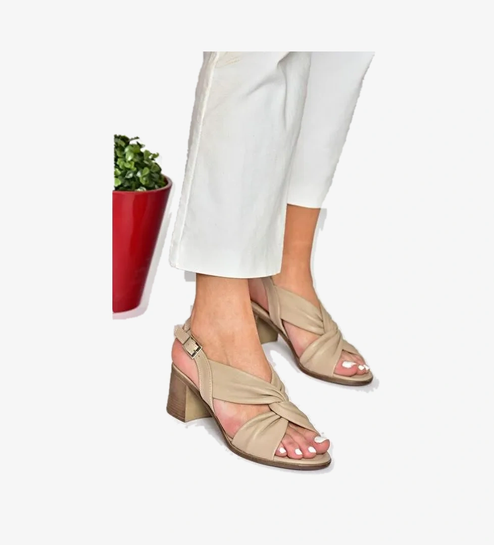 P555450103 Vizon Hakiki Deri Kalın Topuklu Kadın Ayakkabı - Görsel 1