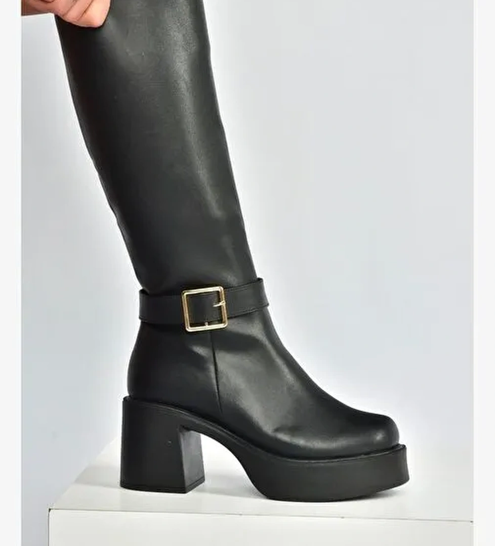 V726454109 Siyah Kalın Topuklu Klasik Kadın Çizme - Görsel 1