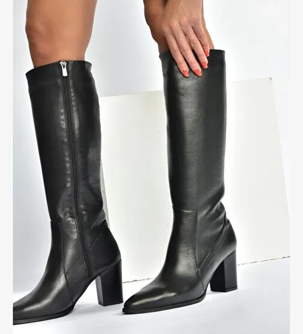 V398589603 Siyah Hakiki Deri Kalın Topuklu Kadın Çizme - Görsel 1