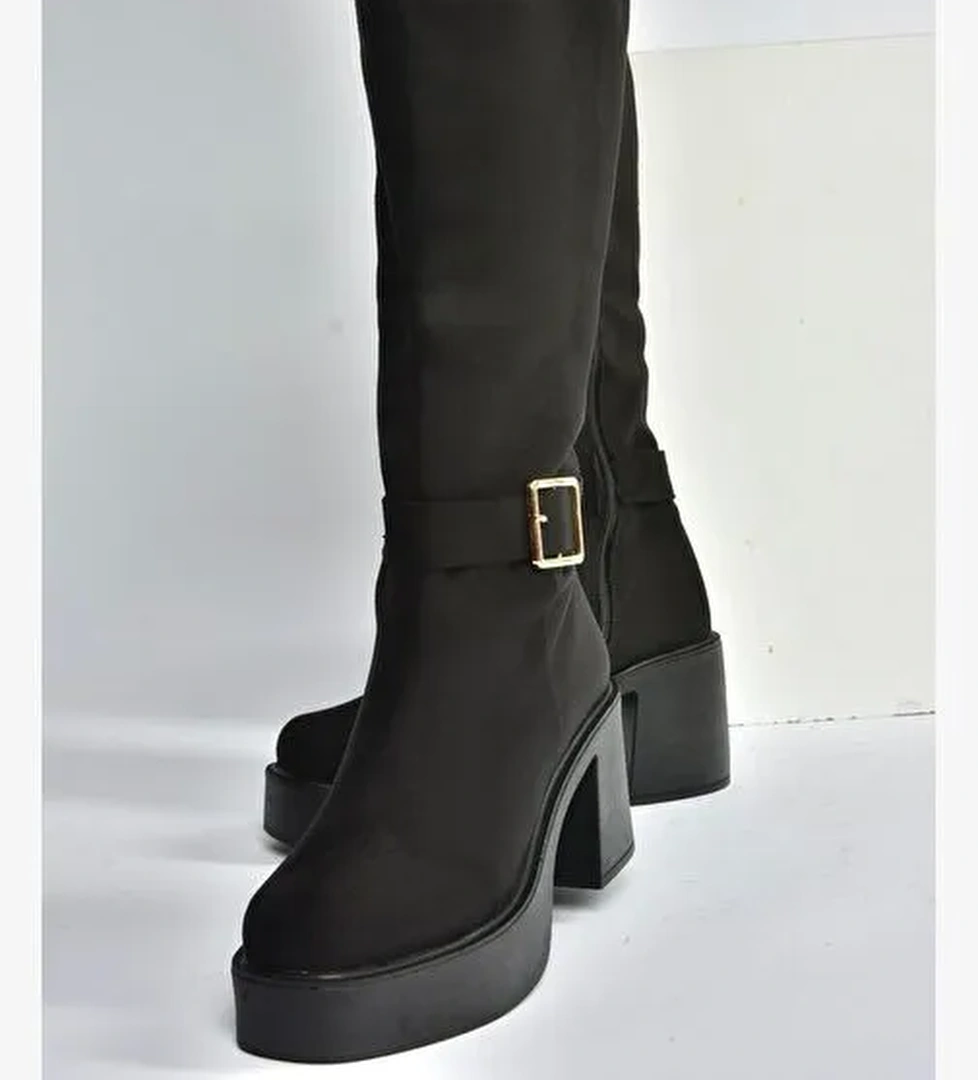 V726454102 Siyah Süet Kalın Topuklu Klasik Kadın Çizme - Görsel 1