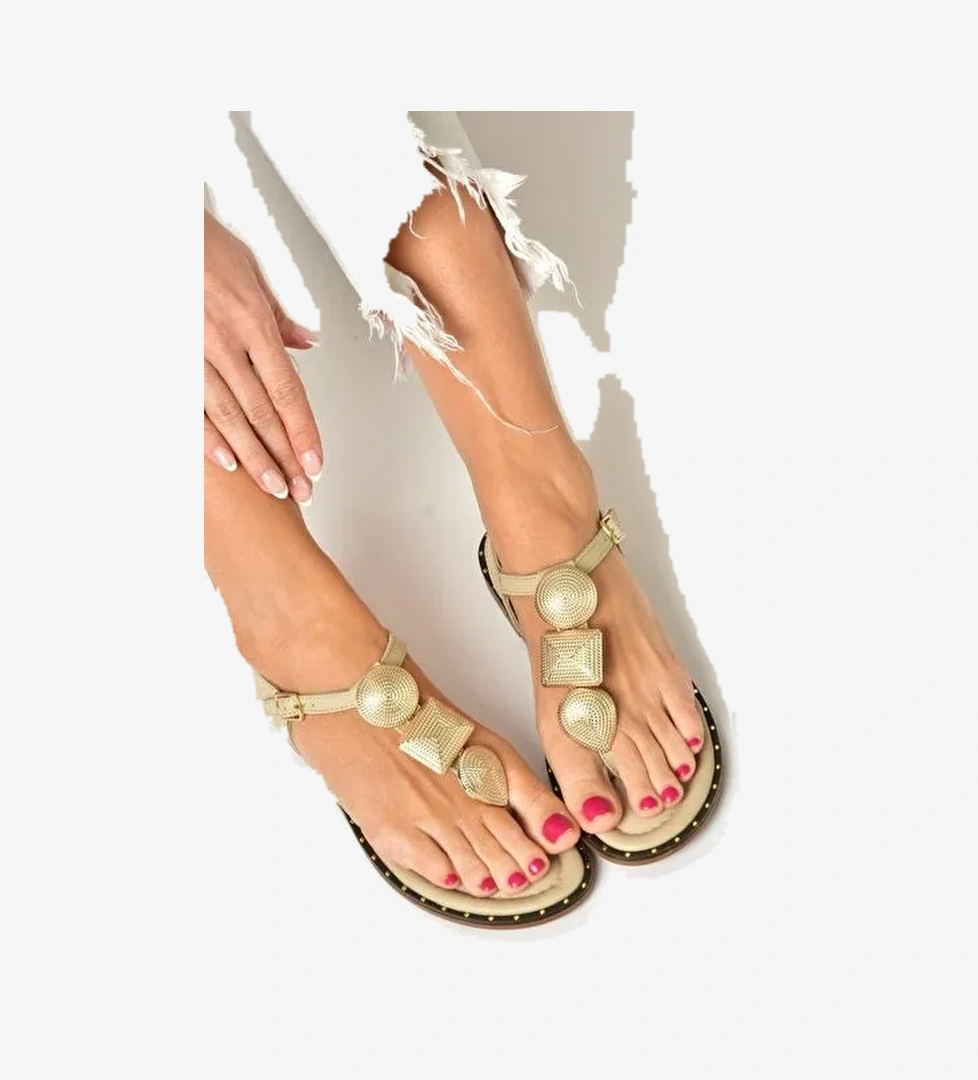 U291240003 Bej Hakiki Deri Parmak Arası Sandalet - Görsel 1