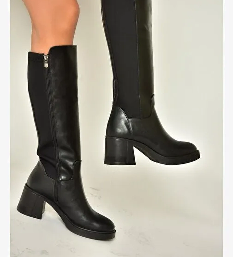 T282132309 Siyah Kalın Topuklu Baldır Kısmı Lastikli Kadın Çizme - Görsel 1