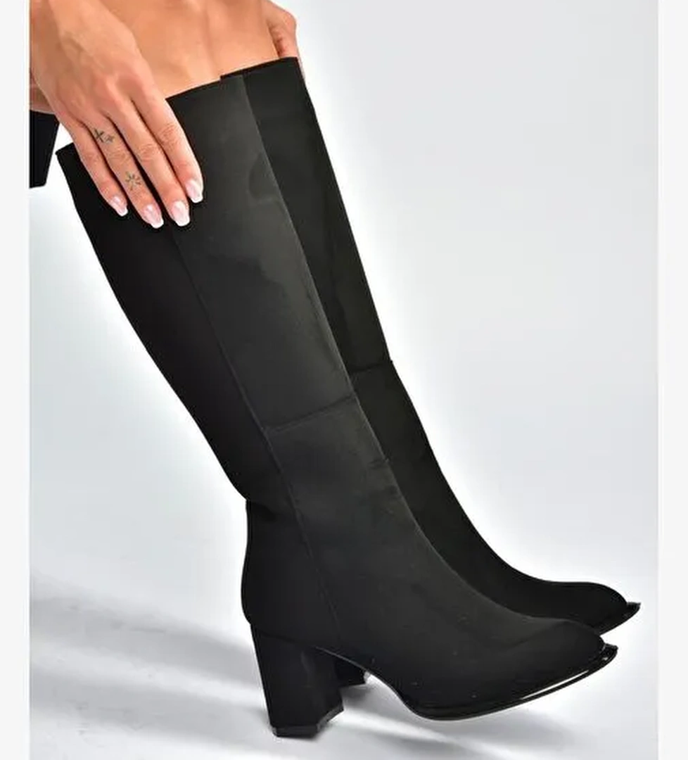 V590179602 Siyah Süet Kalın Topuklu Klasik Kadın Çizme - Görsel 1