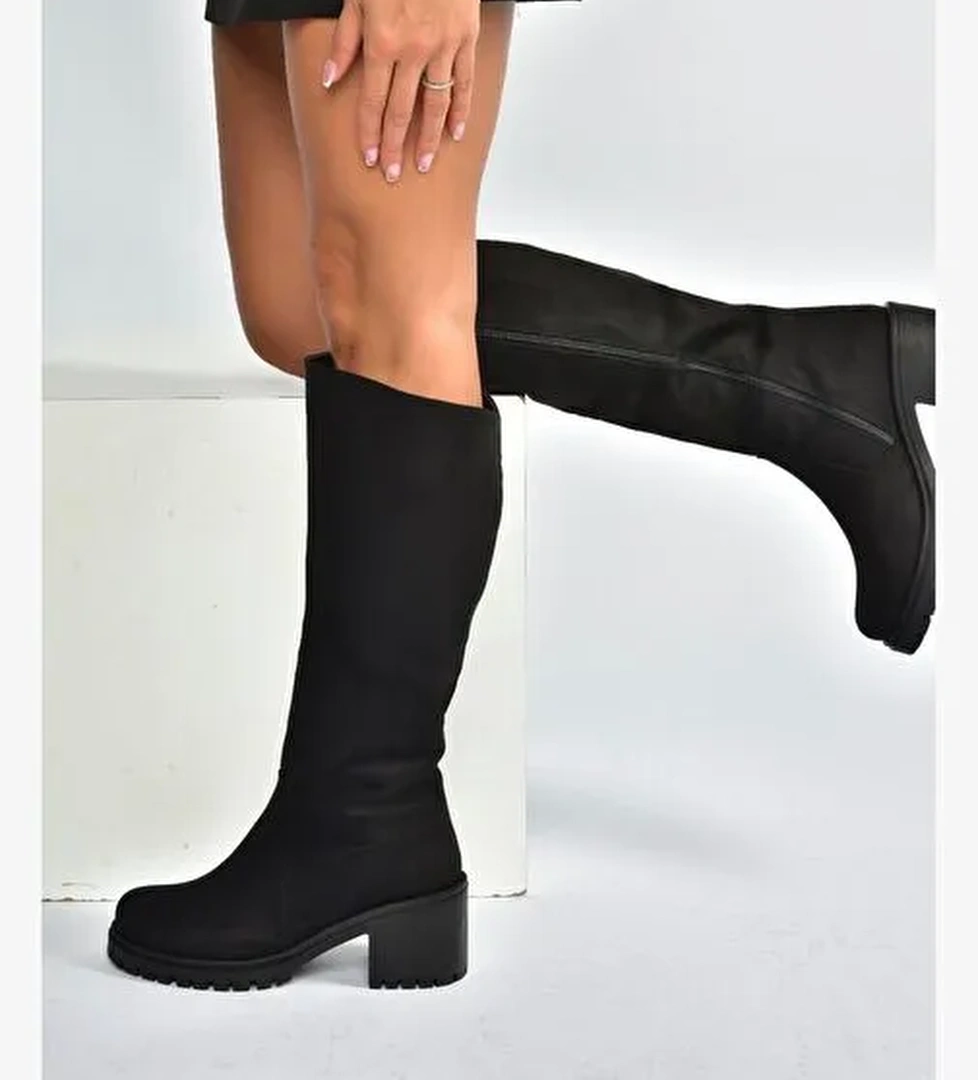 V726800202 Siyah Süet Kalın Topuklu Klasik Kadın Çizme - Görsel 1