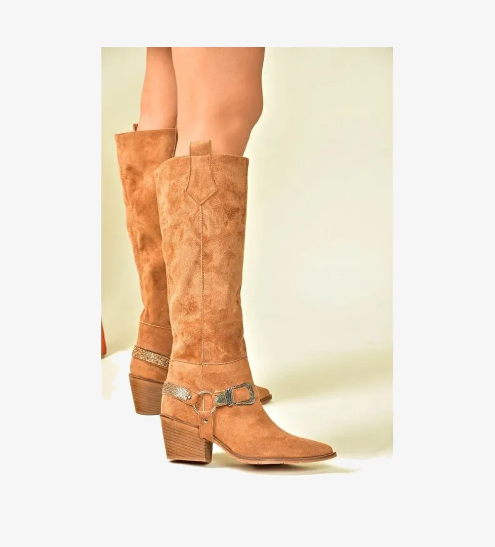 Taba Süet Alçak Topuklu Kovboy Model Çizme N882880702 - Görsel 1