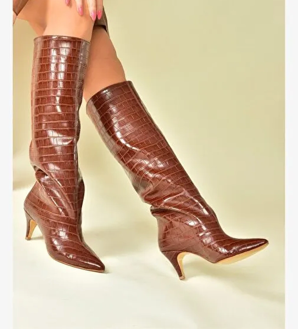 Taba Kroko Baskı Alçak Topuklu Kadın Çizme N749204011 - Görsel 1