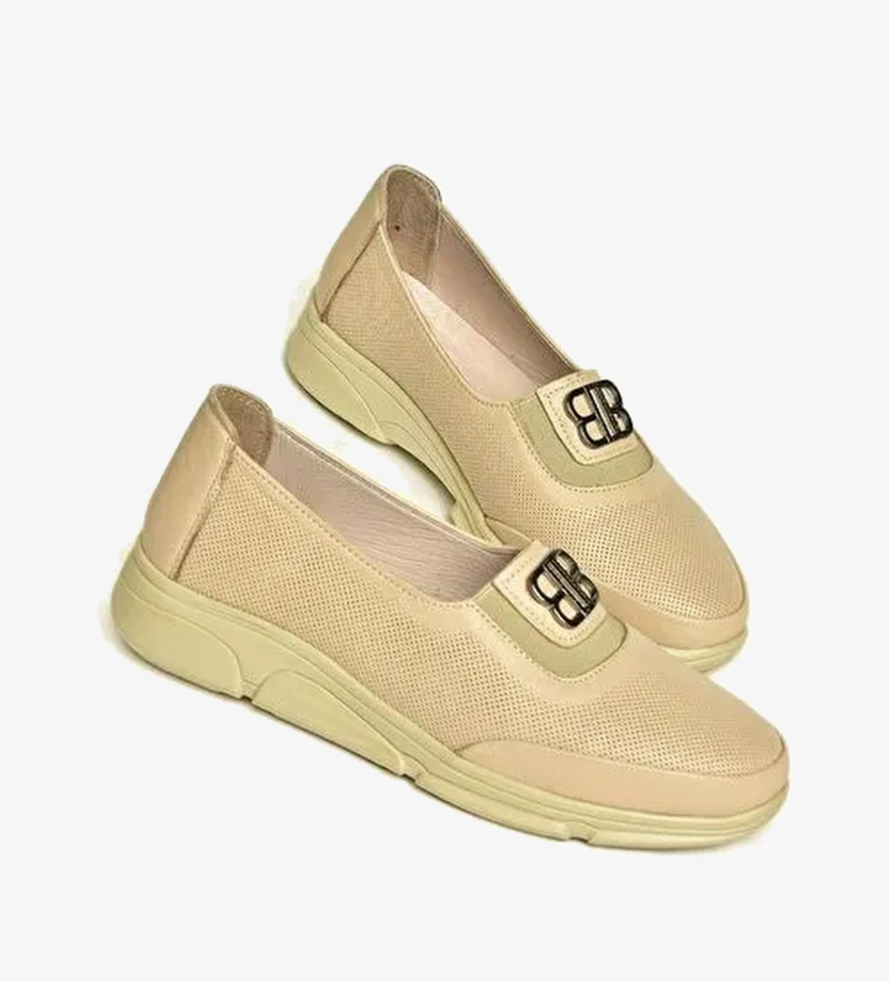 T555081303 Bej Hakiki Deri Comfort Ortopedik Taban Kadın Ayakkabı - Görsel 1