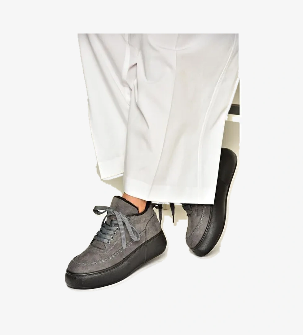 T811845302 Gri Süet Kalın Tabanlı Kadın Ayakkabı - Görsel 1