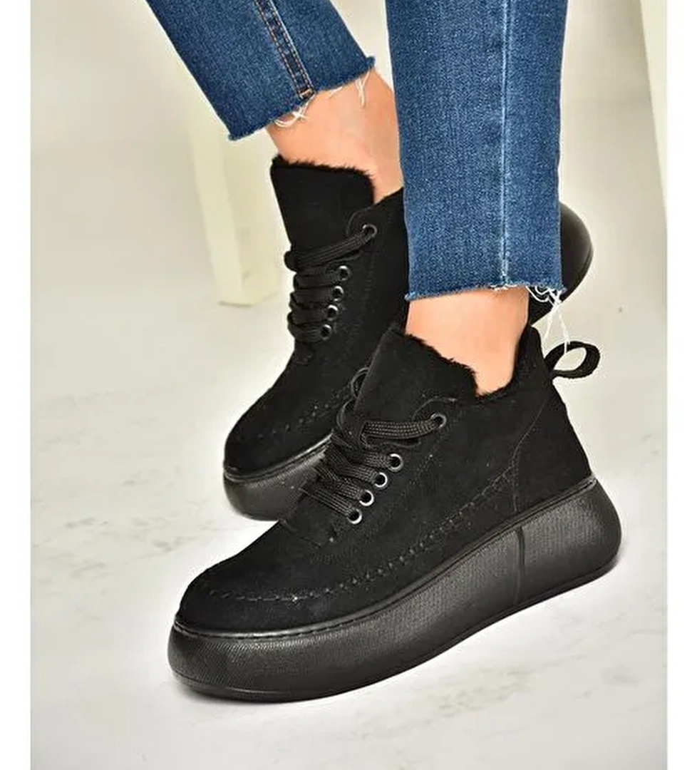 T811845302 Siyah Süet Kalın Tabanlı Kadın Ayakkabı - Görsel 1