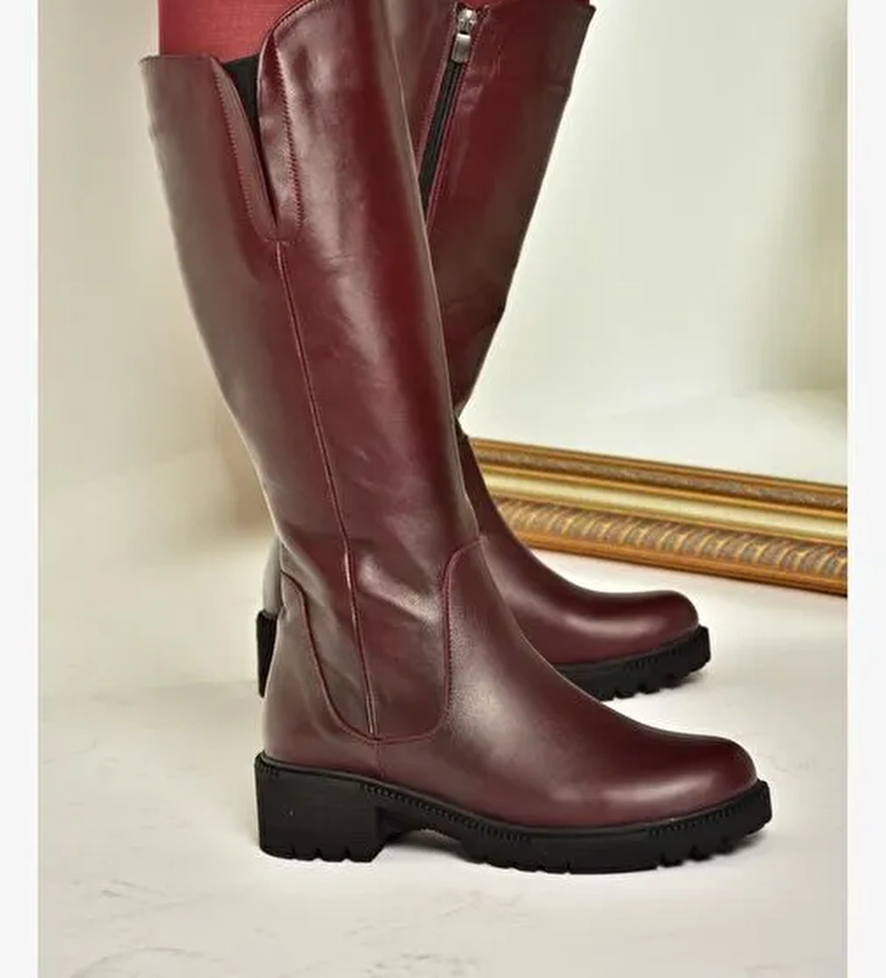 N654226103 Bordo Hakiki Deri Günlük Kadın Çizme - Görsel 1