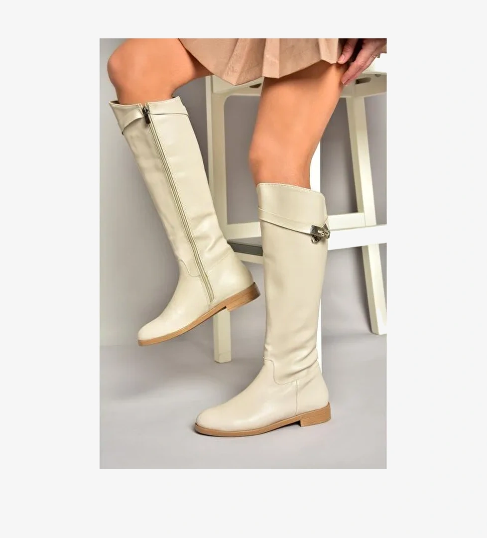 T848443409 Bej Klasik Kadın Çizme - Görsel 1