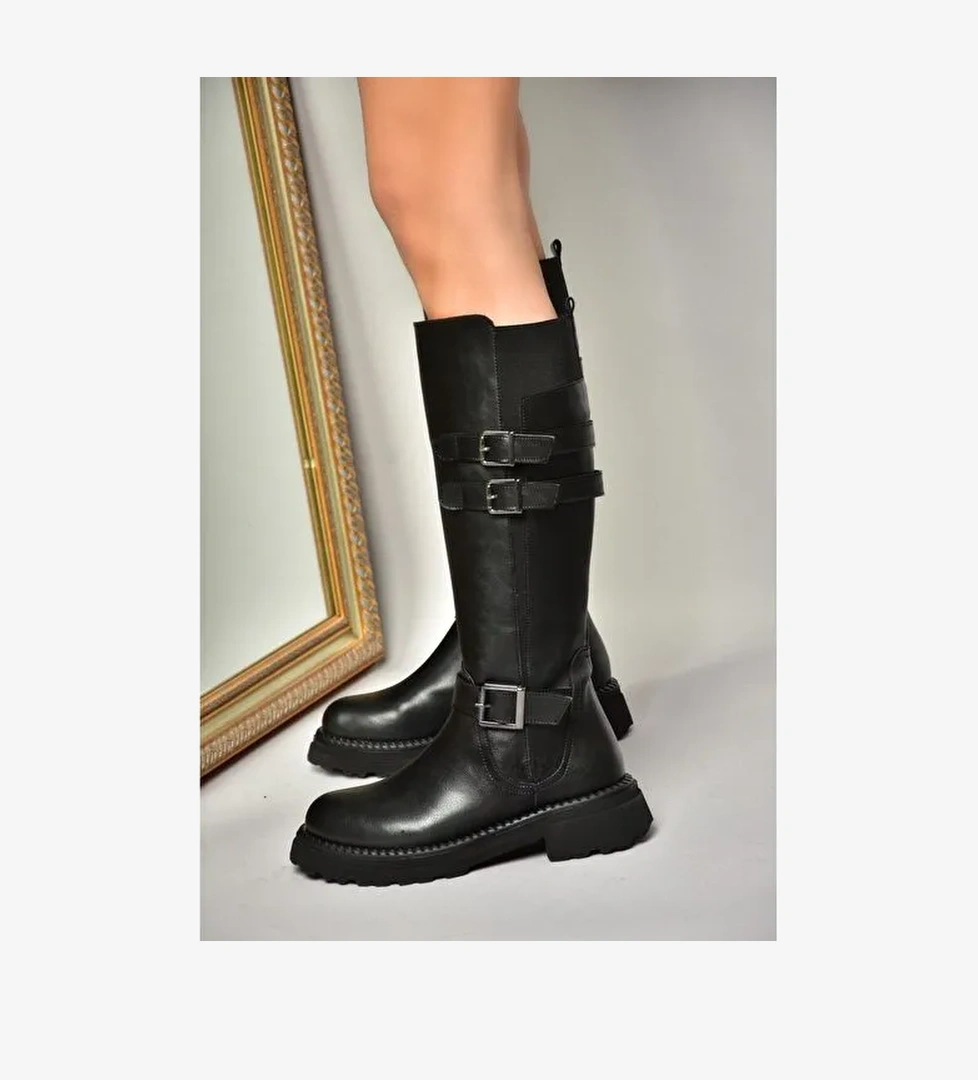 T820857509 Siyah Düz Tabanlı Kadın Çizme - Görsel 1