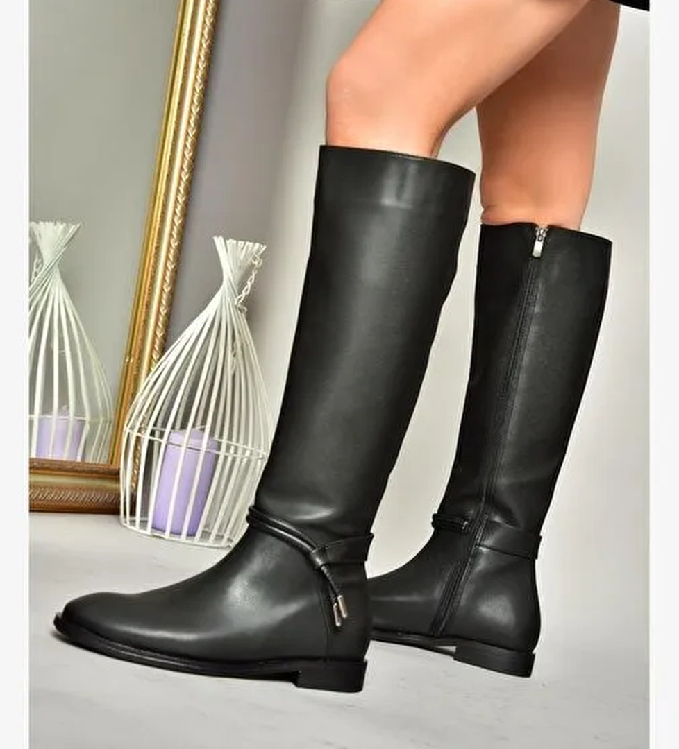 T820109109 Siyah Düz Klasik Kadın Çizme - Görsel 1