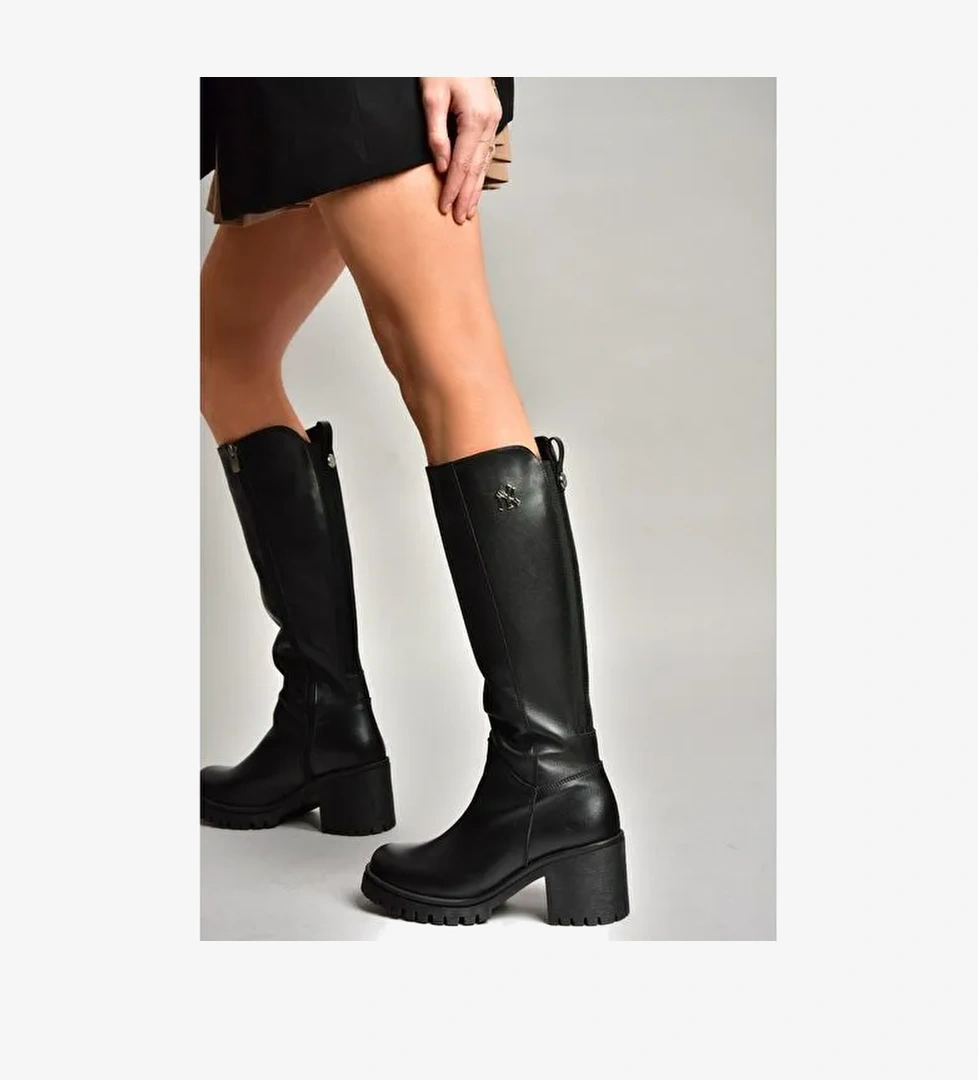 R654034003 Siyah Gerçek Deri Kalın Topuklu Kadın Çizme - Görsel 1