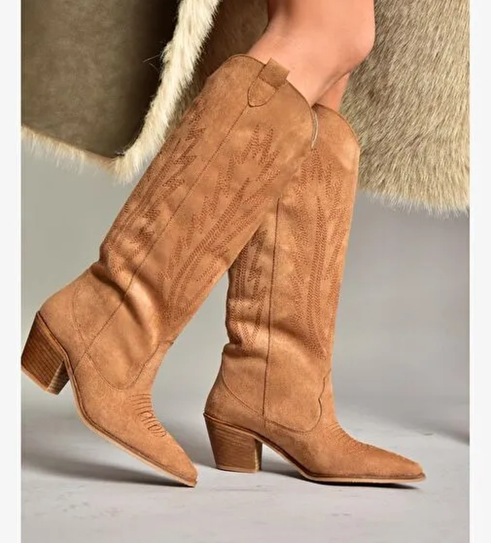 T267765202 Taba Süet Kovboy Model Kadın Çizme - Görsel 1