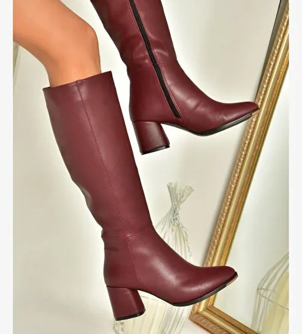 J848300109 Bordo Kalın Topuklu Kadın Çizme - Görsel 1