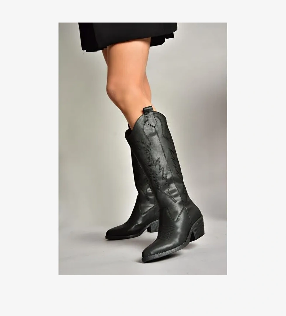 T404401209 Siyah Kovboy Model Kadın Çizme - Görsel 1