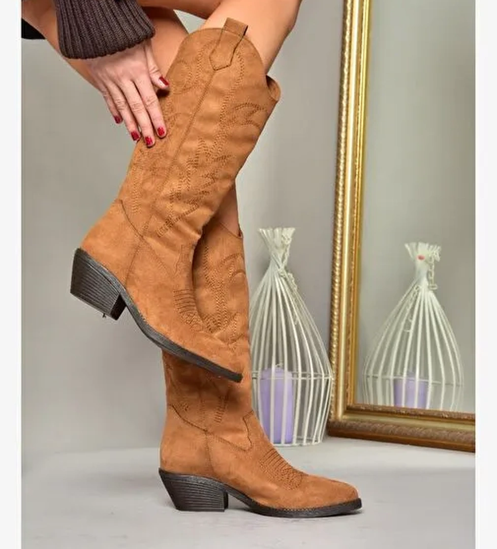 T404401202 Taba Süet Kovboy Model Kadın Çizme - Görsel 1