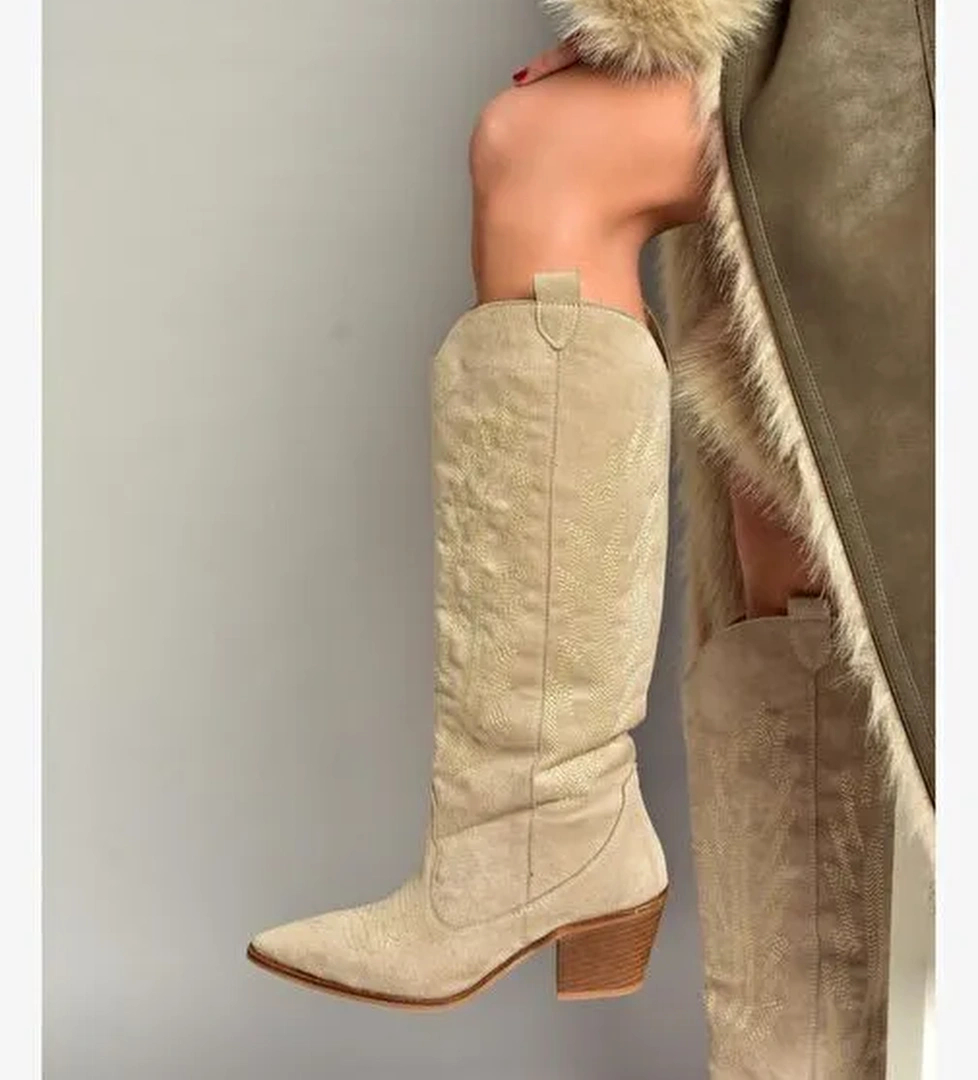 T267765202 Bej Süet Kovboy Model Kadın Çizme - Görsel 1