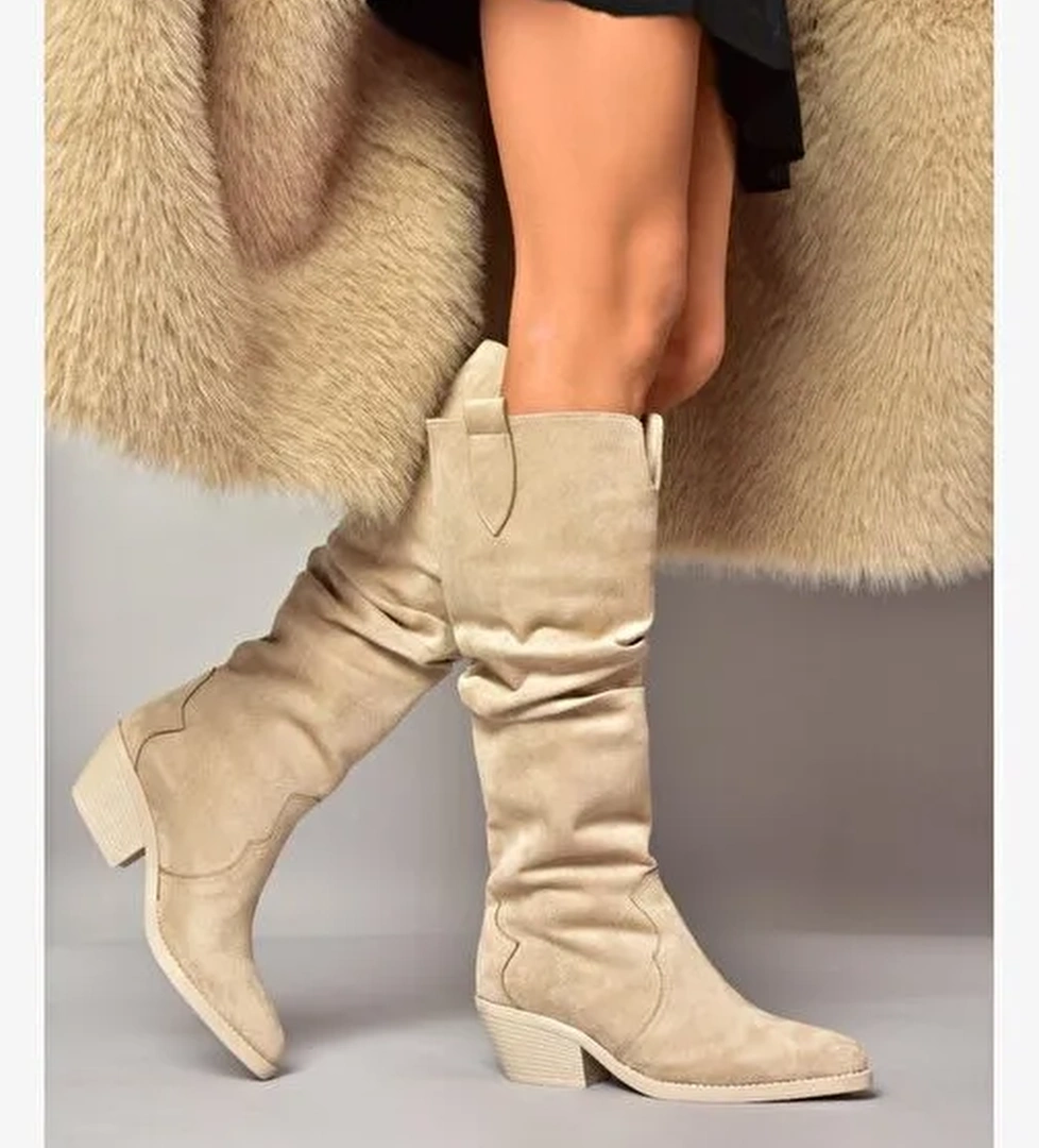 T404401002 Ten Süet Büzgülü Kadın Çizme - Görsel 1