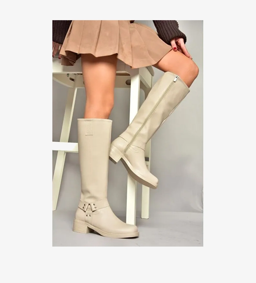 T404550009 Bej Alçak Topuklu Kadın Çizme - Görsel 1