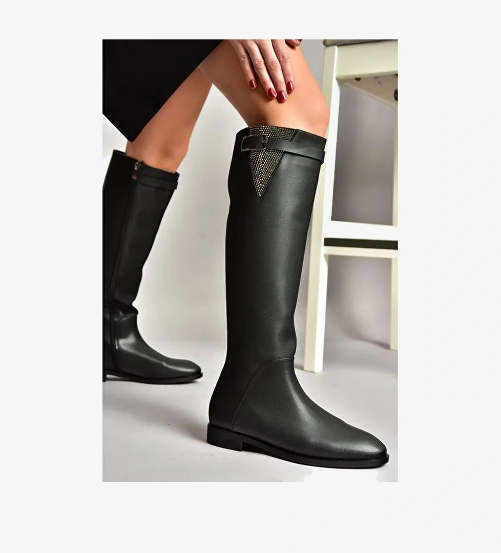 T820109209 Siyah Taş Detaylı Kadın Çizme - Görsel 1