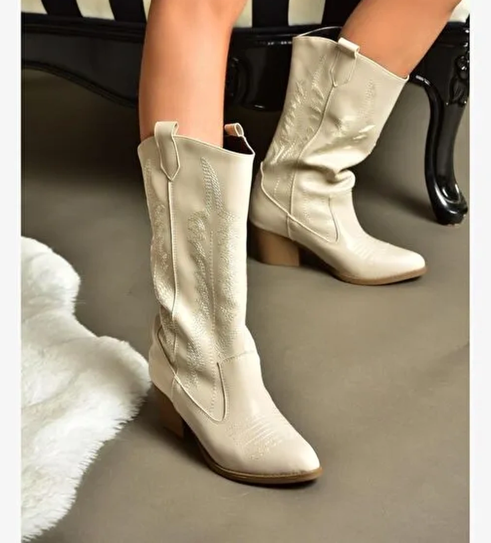 R973934009 Bej Alçak Topuklu Kadın Çizme - Görsel 1