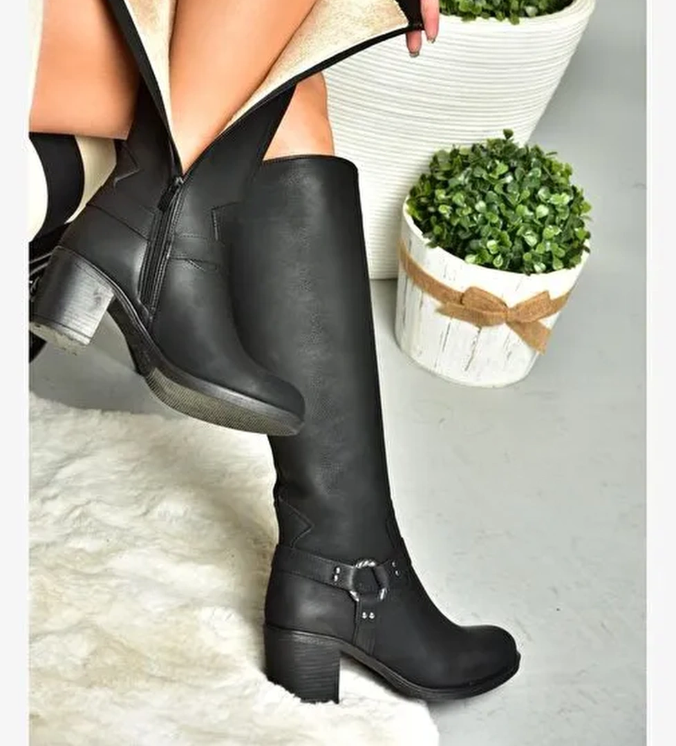 R674211309 Siyah Kalın Topuklu Kadın Çizme - Görsel 1