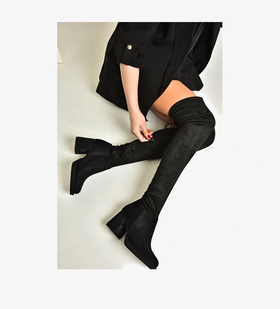 T282520002 Siyah Süet Kalın Topuklu Kadın Çorap Çizme - Görsel 1