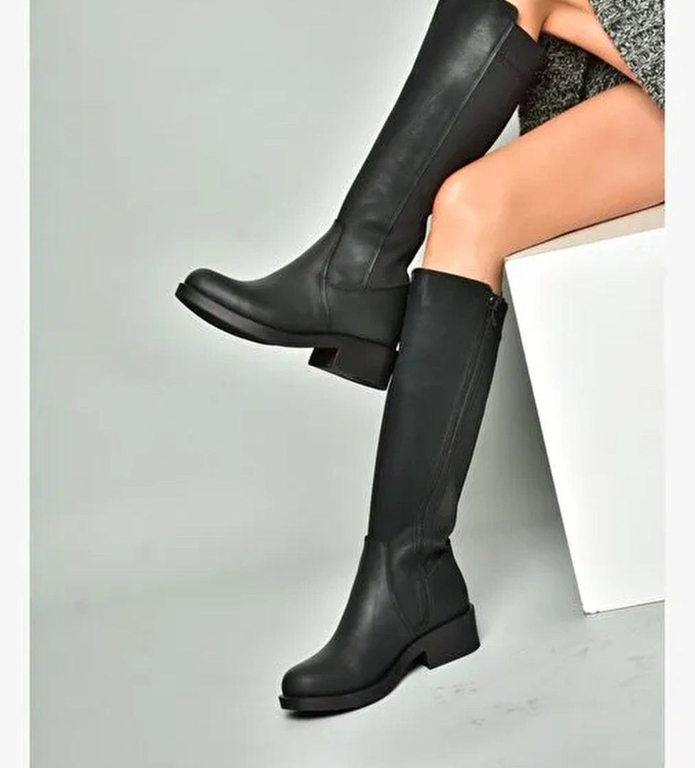 R674009809 Siyah Alçak Topuklu Kadın Çizme - Görsel 1