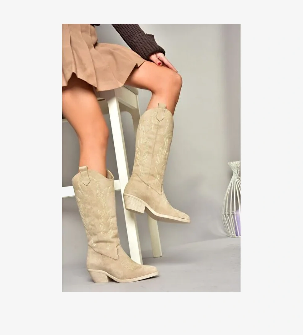 T404401202 Ten Süet Kovboy Model Kadın Çizme - Görsel 1