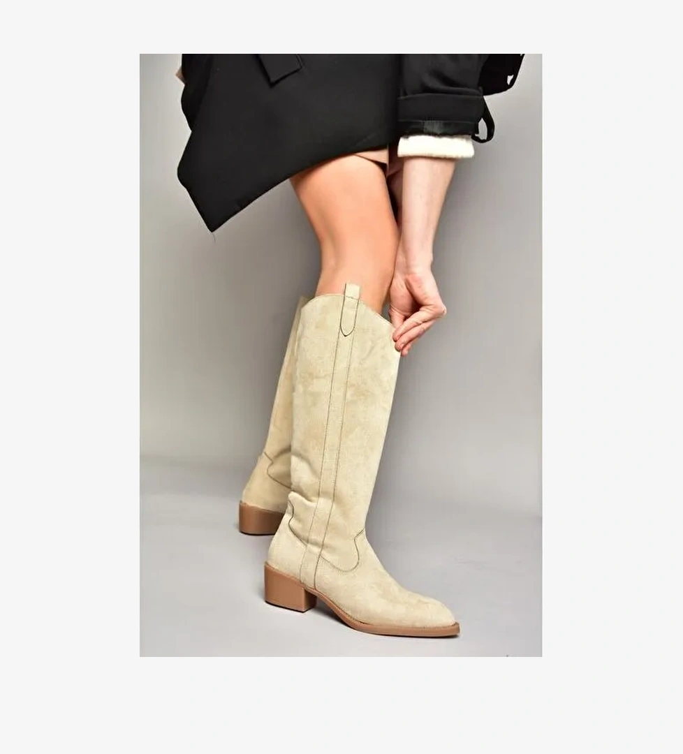 T480142802 Ten Süet Alçak Topuklu Kadın Çizme - Görsel 1