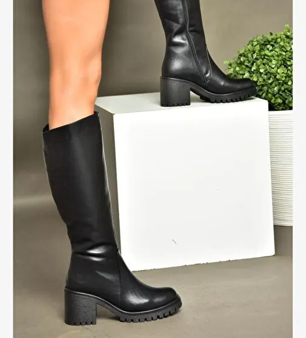 R654047703 Siyah Hakiki Deri Kalın Topuklu Kadın Çizme - Görsel 1