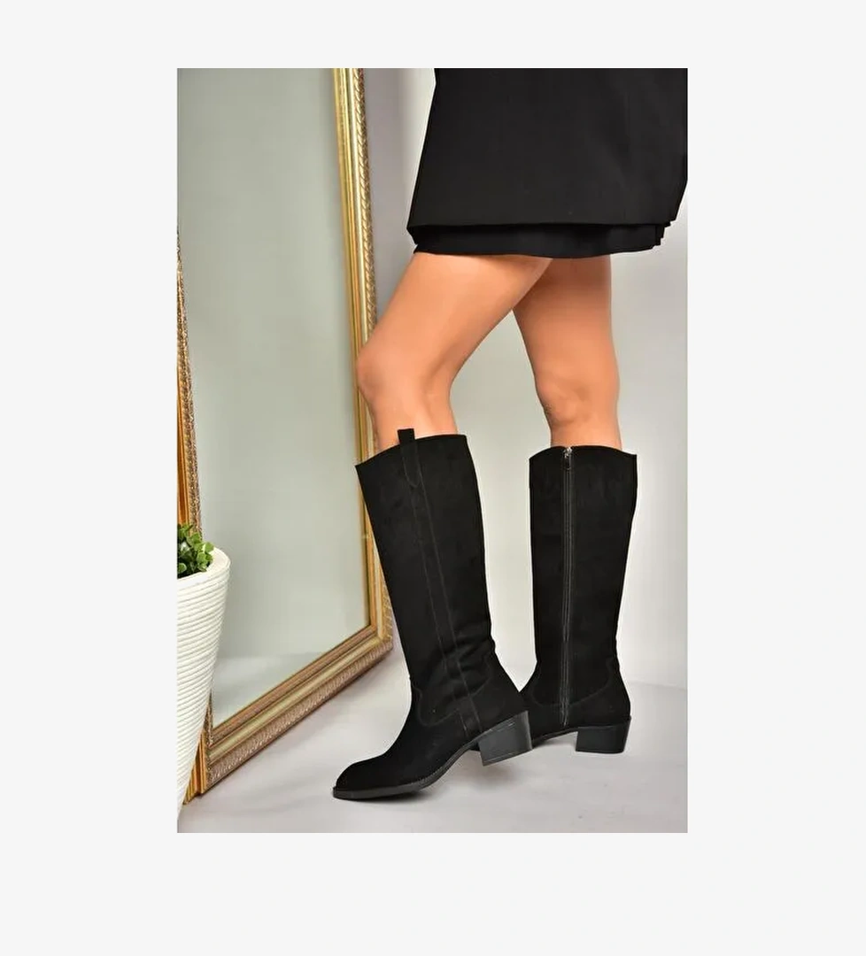 T480142802 Siyah Süet Alçak Topuklu Kadın Çizme - Görsel 1