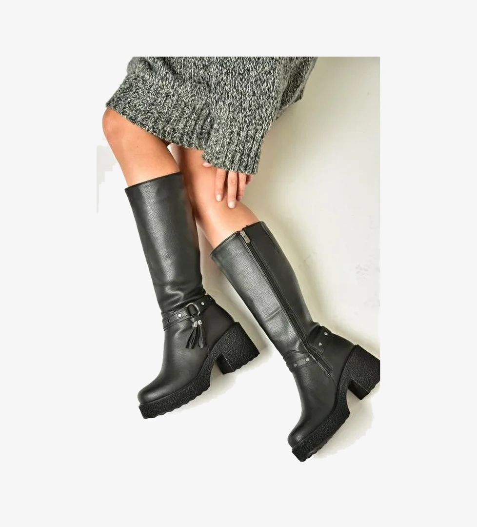 T996224009 Siyah Kalın Topuklu Kadın Çizme - Görsel 1