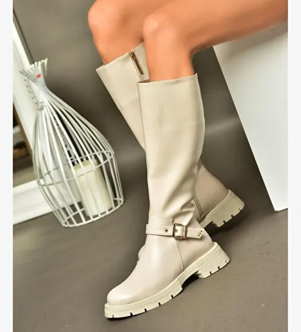 R518096809 Bej Fermuarlı Alçak Topuklu Kadın Çizme - Görsel 1