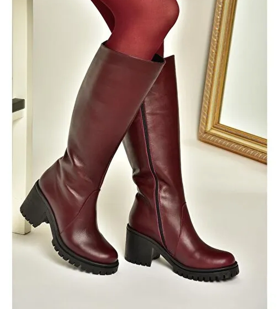 R654047703 Bordo Hakiki Deri Kalın Topuklu Kadın Çizme - Görsel 1