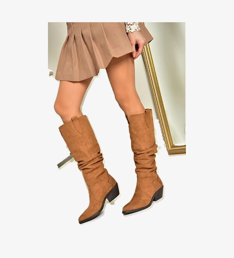 T404401002 Taba Süet Büzgülü Kadın Çizme - Görsel 1