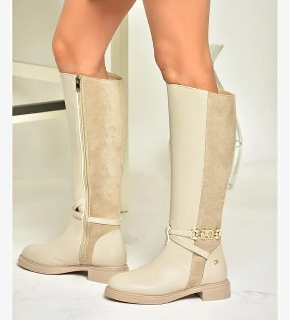 T973000909 Bej Alçak Tabanlı Kadın Çizme - Görsel 1