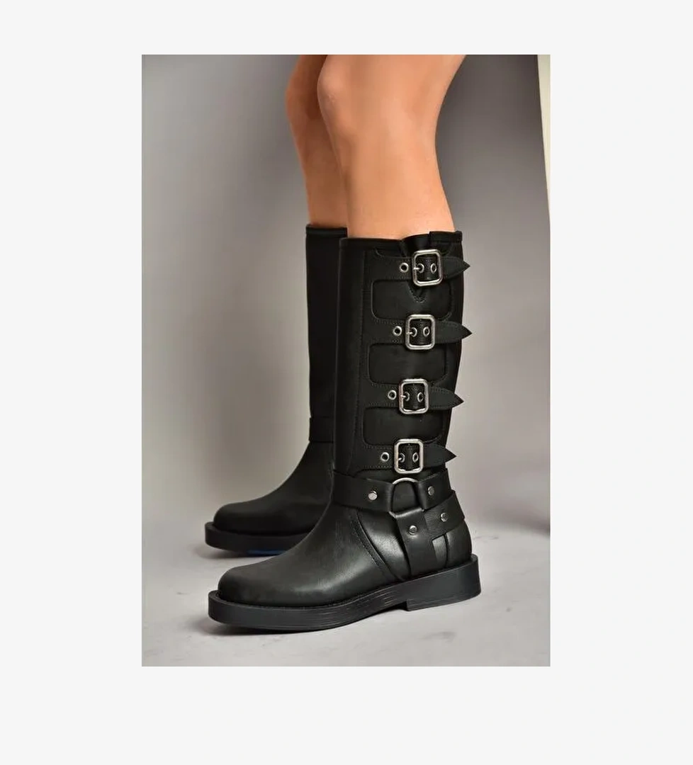 T973570209 Siyah Kalın Tabanlı Kadın Çizme - Görsel 1