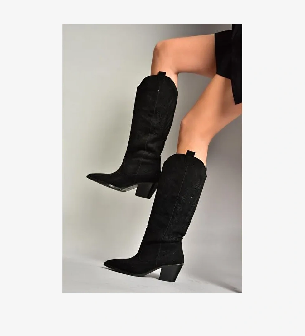 T267765202 Siyah Süet Kovboy Model Kadın Çizme - Görsel 1